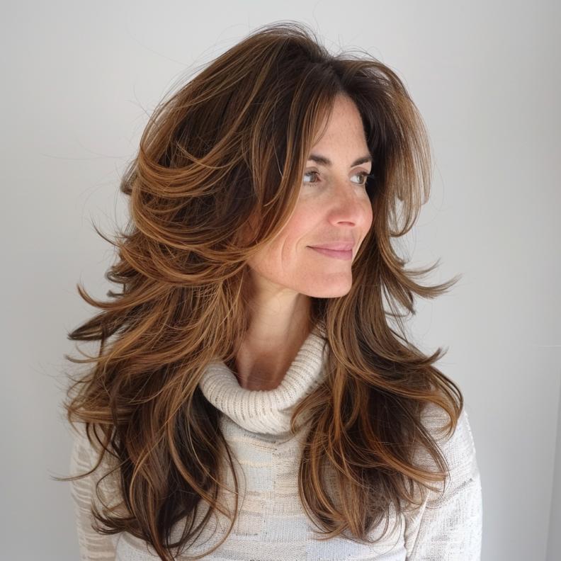 Long Layers with Subtle Waves for Women Over 40 with Thick Hair, blending flowing length with gentle waves.