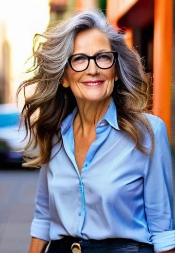 Long Waves Hairstyle for Women Over 50 with Glasses.