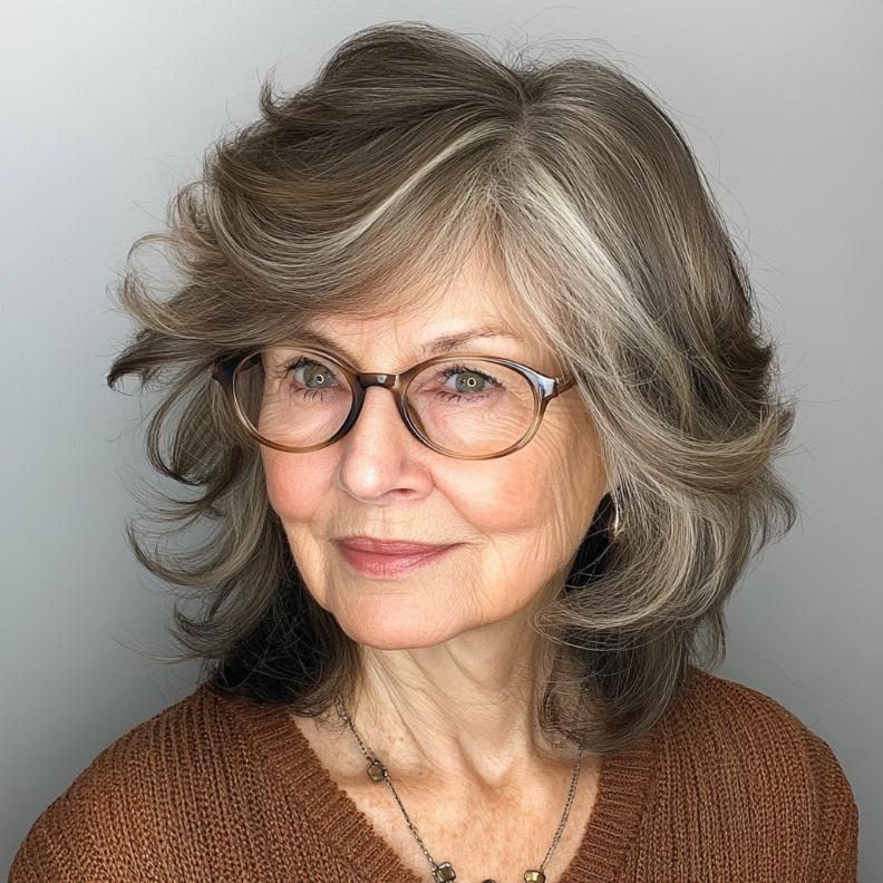 Long layered cut with side bangs for women over 70 with glasses, offering dimension and versatility.