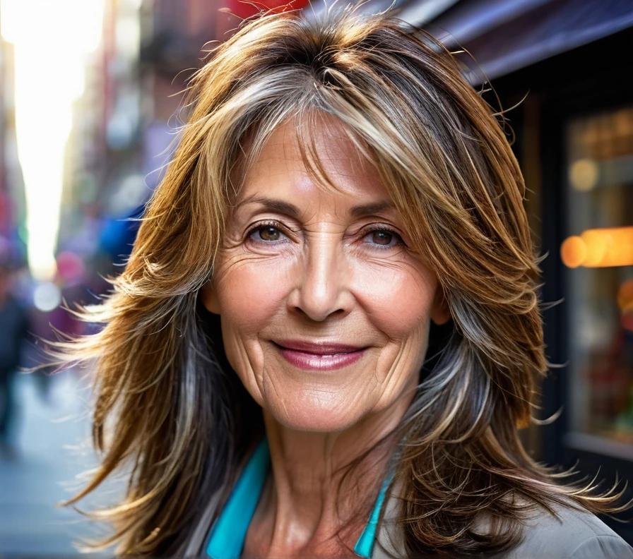 Long layered haircut with face-framing highlights for women over 50, brightening up thick hair with soft, elegant layers.