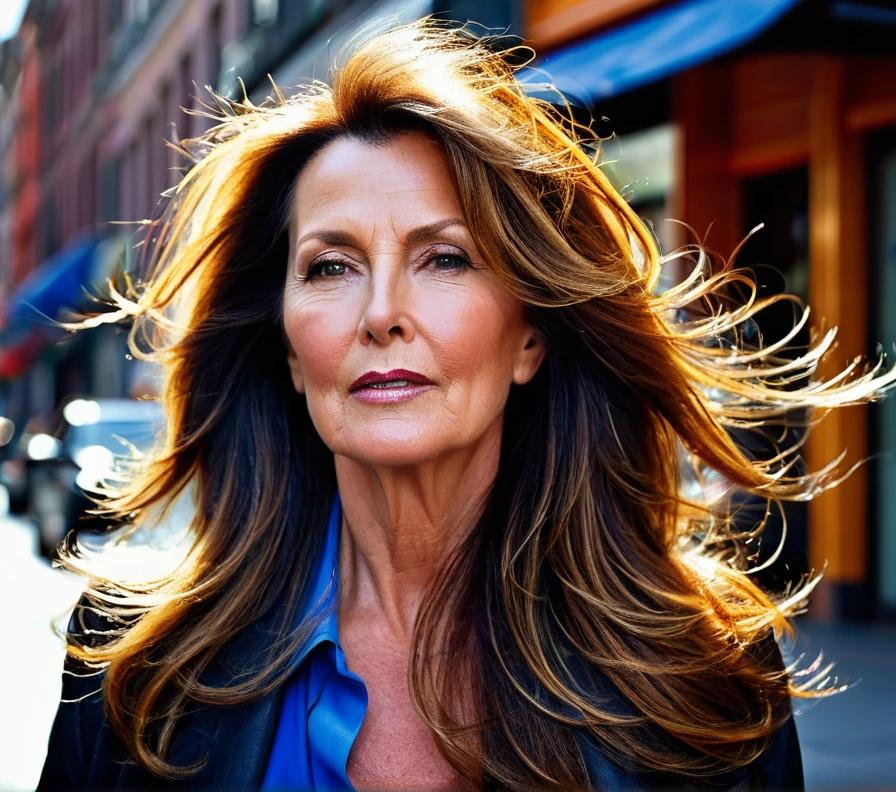 Long layers with a blowout finish for women over 50, creating a voluminous and glamorous look for thick hair.