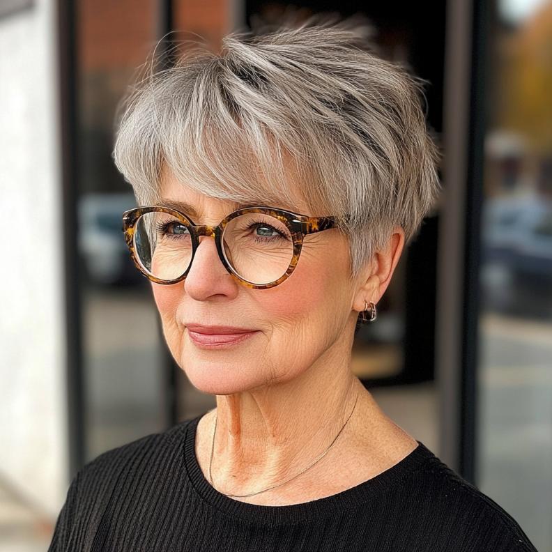 Long pixie cut with wispy bangs for women over 70 with glasses, creating a soft and stylish look