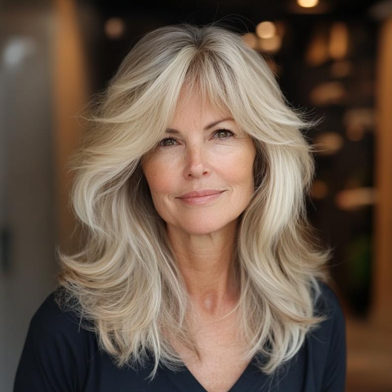 Long shag hairstyle for women over 60 with face-framing layers, adding dimension and softness.