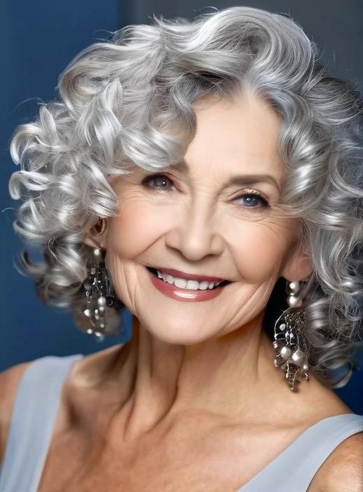 Loose silver curls medium-length hairstyle for women over 60, showcasing natural curls and a youthful look.