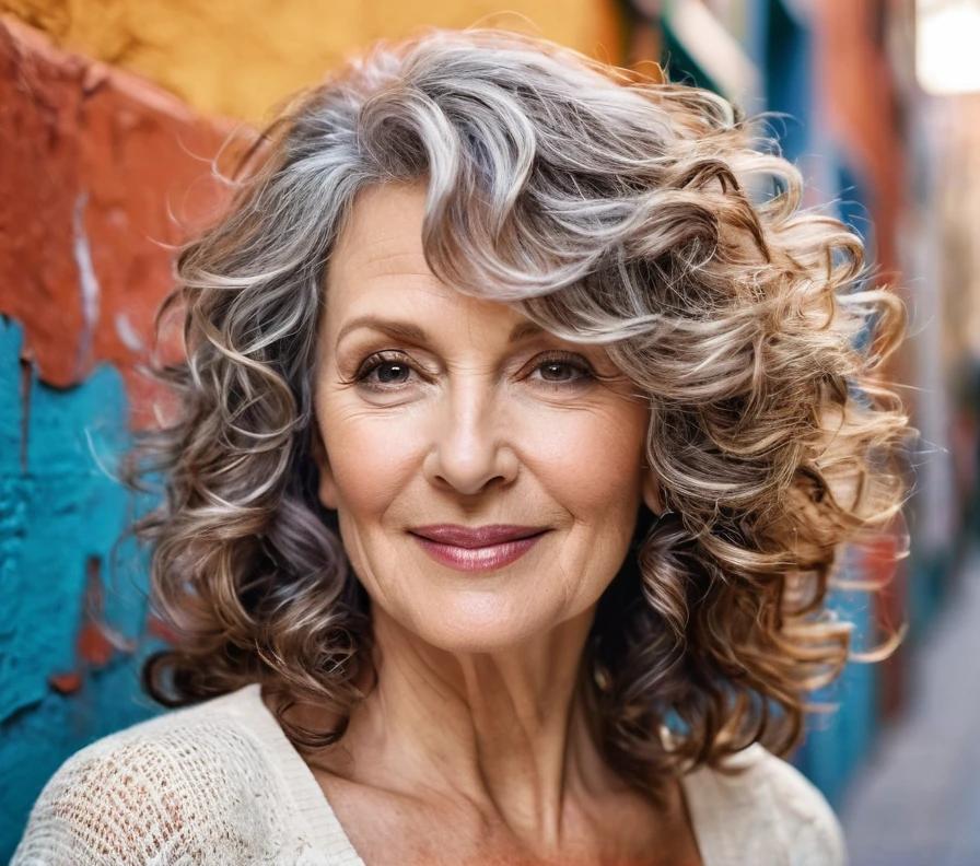 Loose, soft curls styled for women over 50 with round faces, adding a touch of volume and softness.