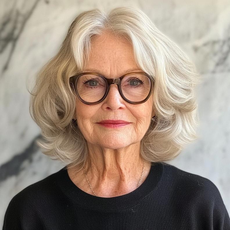 Loose waves with a middle part for women over 70 with glasses, offering a relaxed and youthful hairstyle.