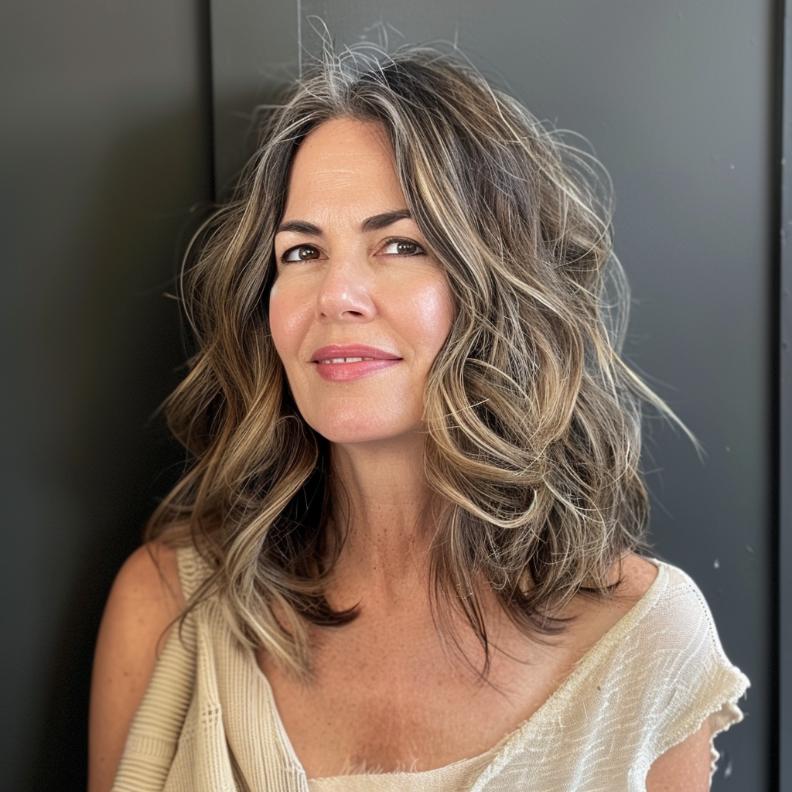 Low Maintenance Shoulder-Length Waves for Women Over 40 with Thick Hair, offering an effortless, stylish look