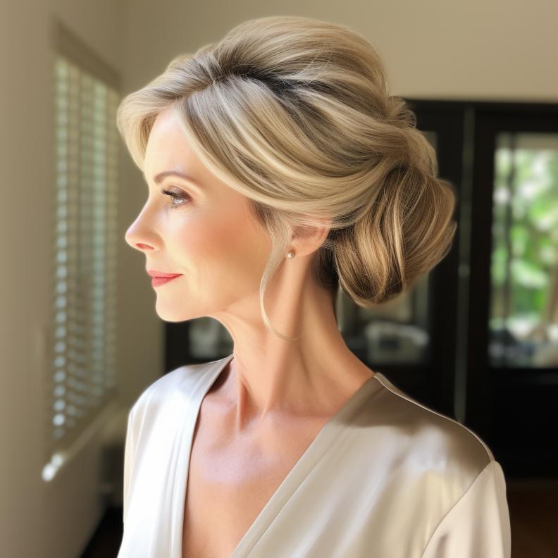 Low bun with face-framing layers for women over 50, a chic and elegant updo for thick hair.