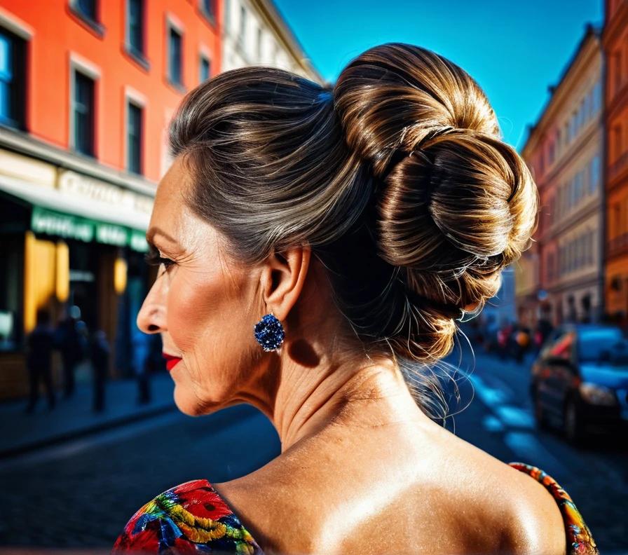 Low chignon with volume at the crown for women over 50, a sophisticated updo that adds height and elegance to thick hair.