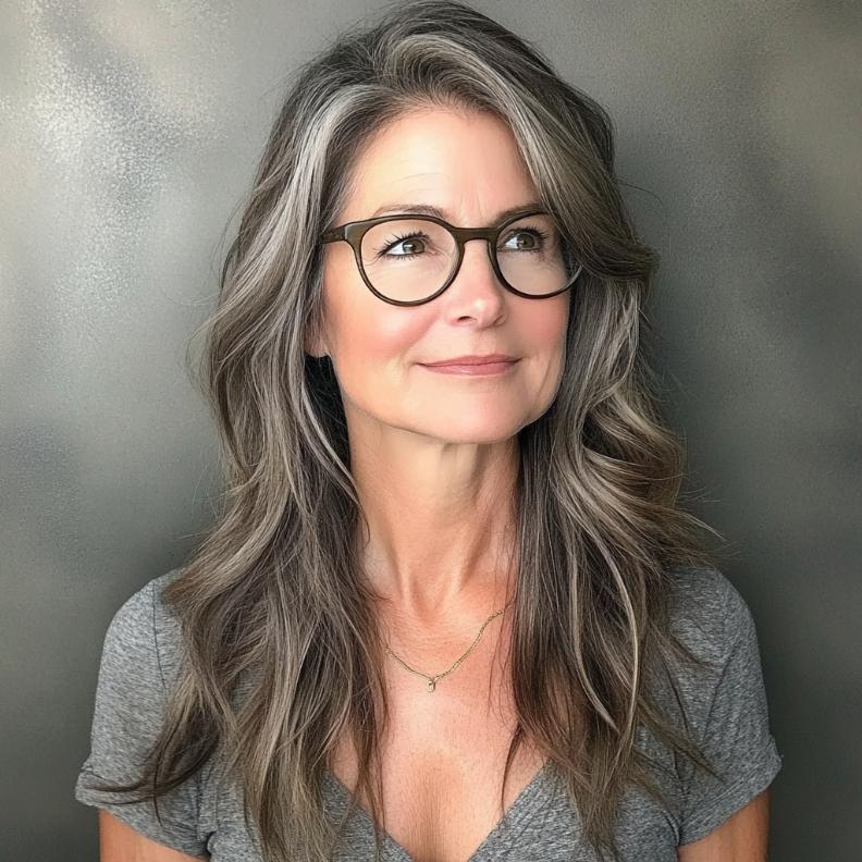 Lush, flowing waves with long layers, perfect for women over 40 with glasses who love a soft and romantic style.