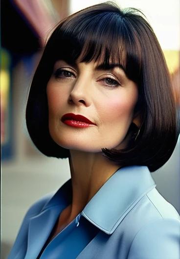 Mature woman with a sleek bob and arched bangs, offering a classic yet modern look that frames her face beautifully.