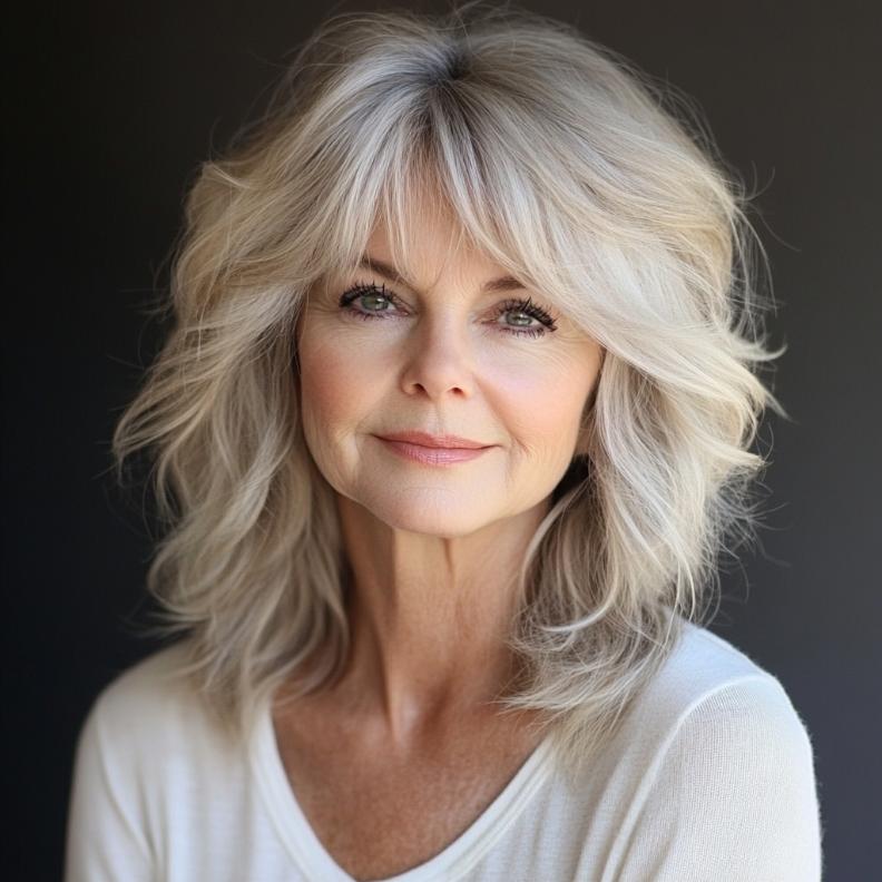 Medium-length shag hairstyle for women over 60 with wispy ends, providing a delicate and feminine style.