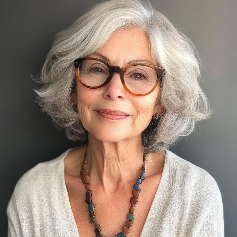 Messy bob with soft layers for women over 70 with glasses, creating a casual and youthful look