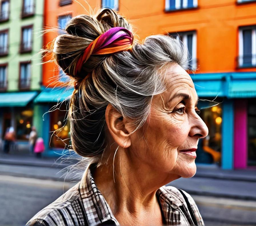 Messy bun with loose strands for women over 50, offering a casual and stylish updo for thick hair.