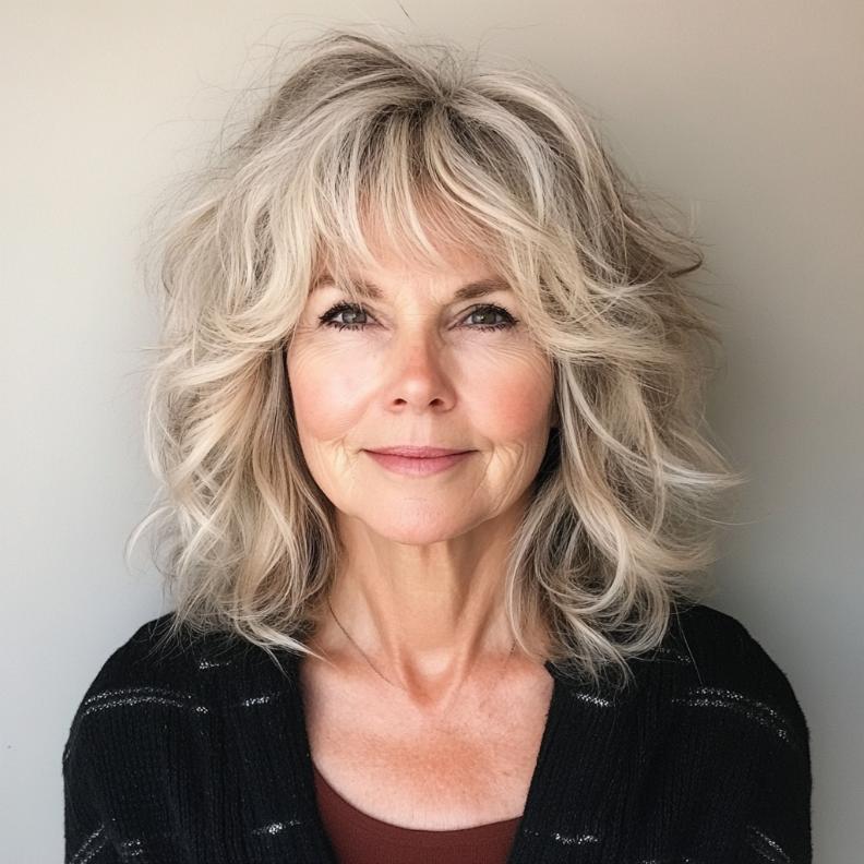 Messy shag hairstyle for women over 60 with tousled waves, giving a relaxed and carefree vibe