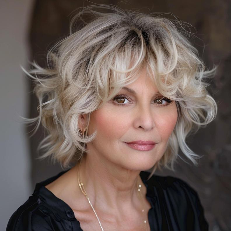 Modern Short Shag with Curtain Bangs for Women Over 60 with Fine Hair, providing a soft, voluminous effect.