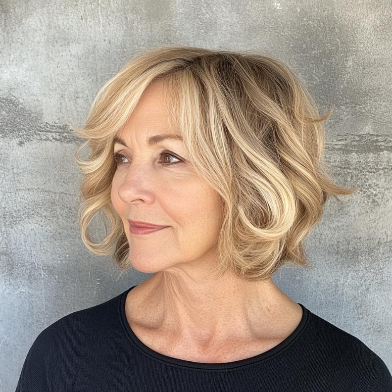 Modern Textured Bob for women over 50, showcasing tousled waves and layers for a relaxed yet elegant look.