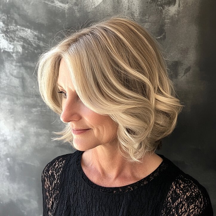 Modern Textured Lob for women over 50, with added texture and waves for a relaxed and stylish look.