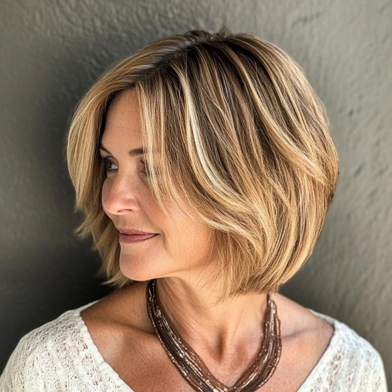 Natural Bob with Balayage for women over 50, with hand-painted highlights that offer a sun-kissed, natural look.