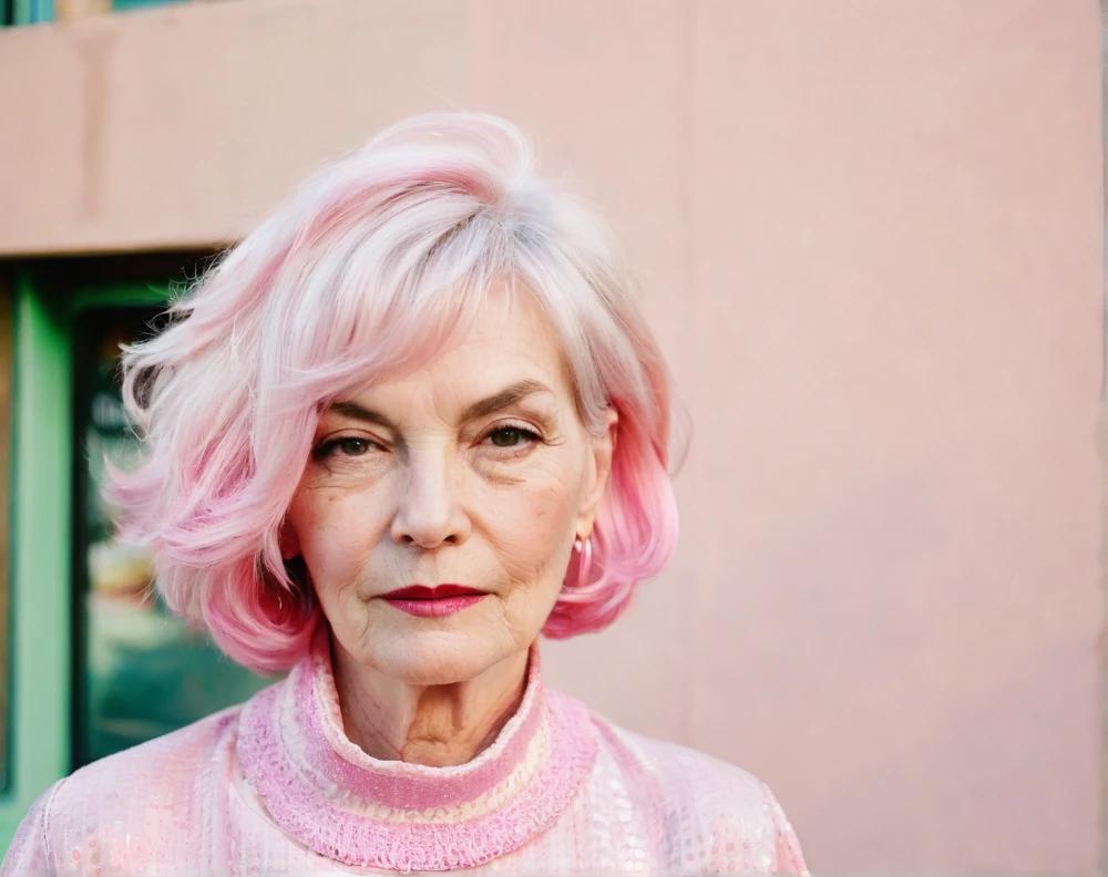 Pastel pink layered bob for a 60-year-old woman, offering a fun, vibrant twist on a classic hairstyle.