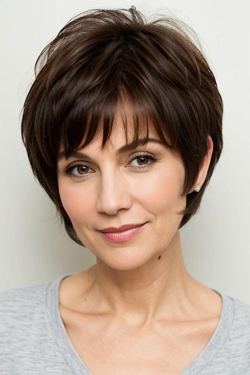 Pixie cut for women over 50 with fine hair, showcasing soft bangs for a delicate and youthful appearance.