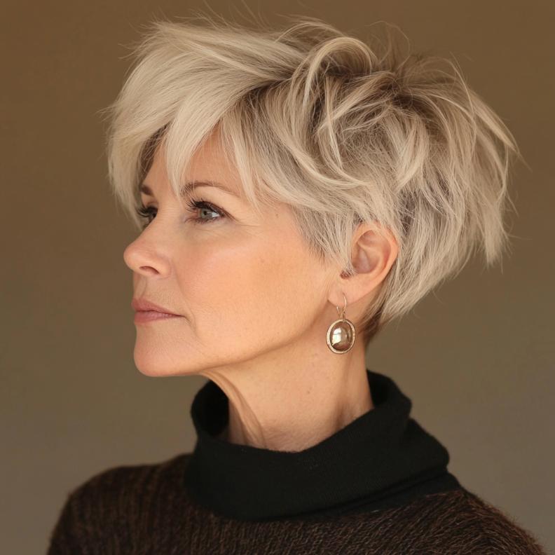 Pixie shag hairstyle for women over 60 with an undercut, creating a bold and trendy look.