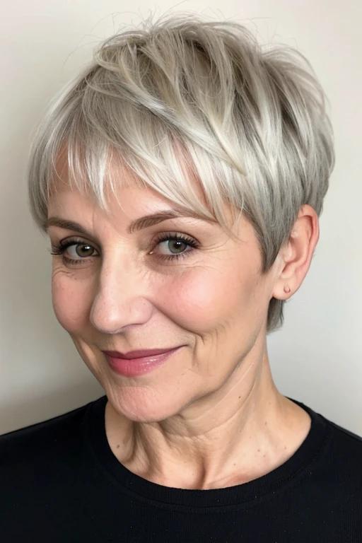 Platinum choppy pixie cut with bangs for women over 50 with fine hair, featuring edgy, light-colored texture.