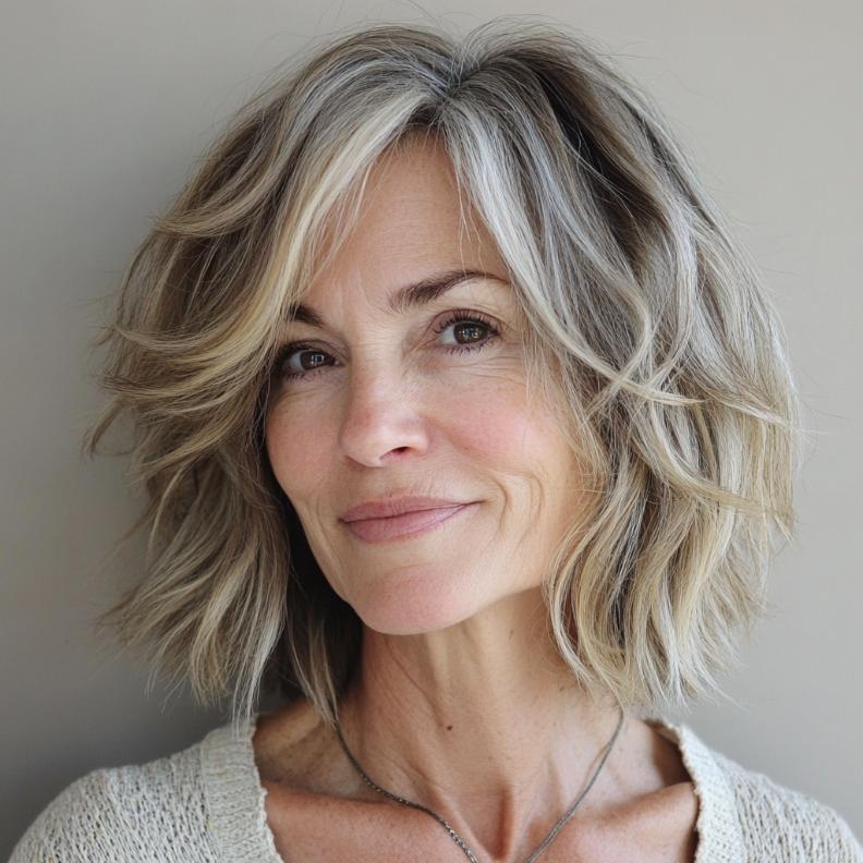 Playful Shaggy Bob for women over 50, featuring choppy layers and a carefree, textured finish.