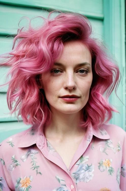 Playful pastel pink wavy hairstyle that adds a touch of color and vibrancy, suitable for women over 40.