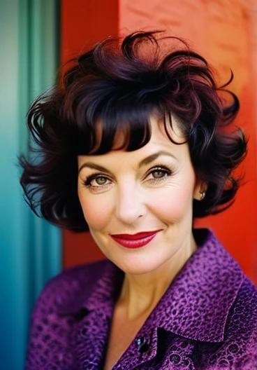 Playful woman over 50 with a curly pixie cut and short bangs, showcasing her curls with a fun, flirty style.