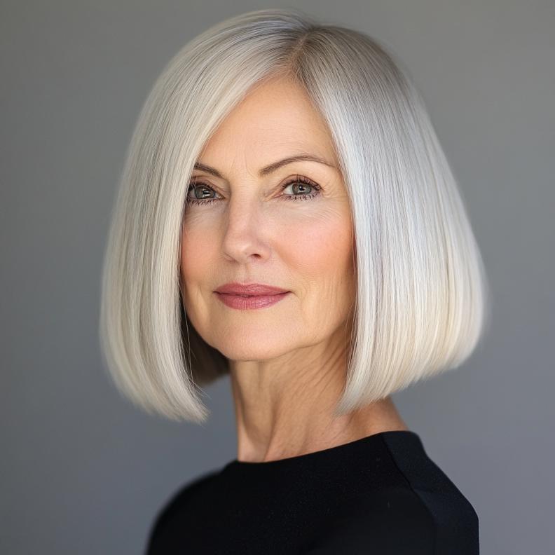 Polished Sleek Bob for women over 50, with smooth, straight hair that exudes elegance and class.