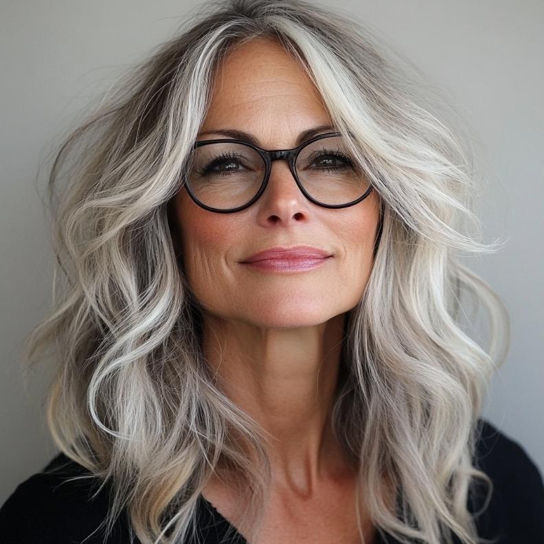 Relaxed, tousled beach waves that give a carefree and youthful look to women over 40 with glasses.