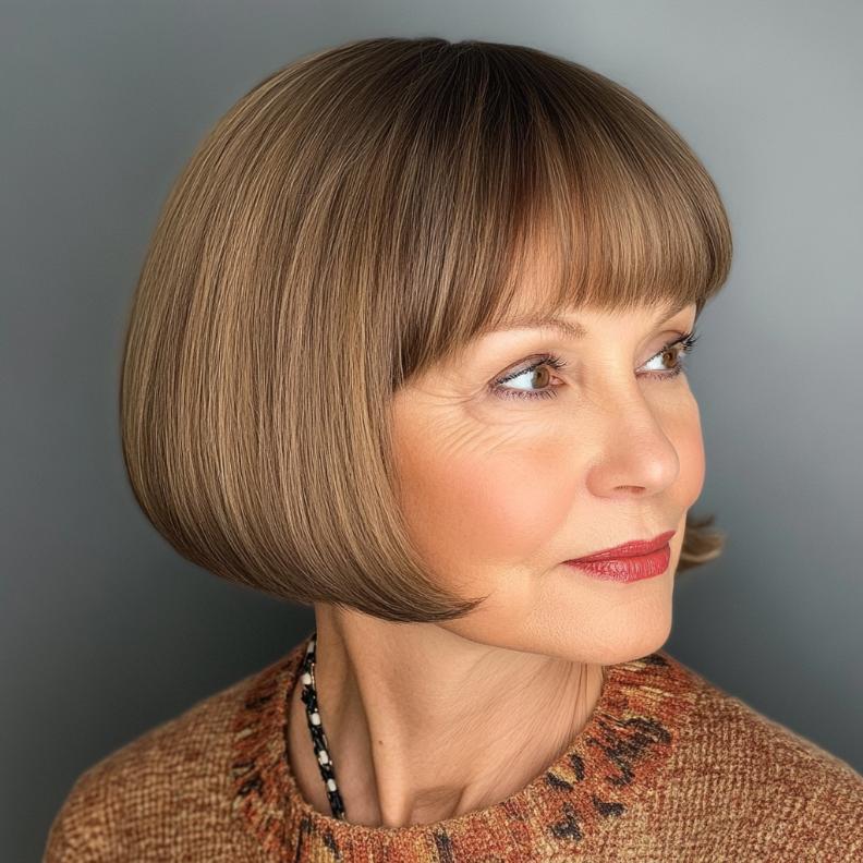 Retro Bowl Cut Bob for women over 50, with a rounded shape that gives a chic and vintage-inspired style.