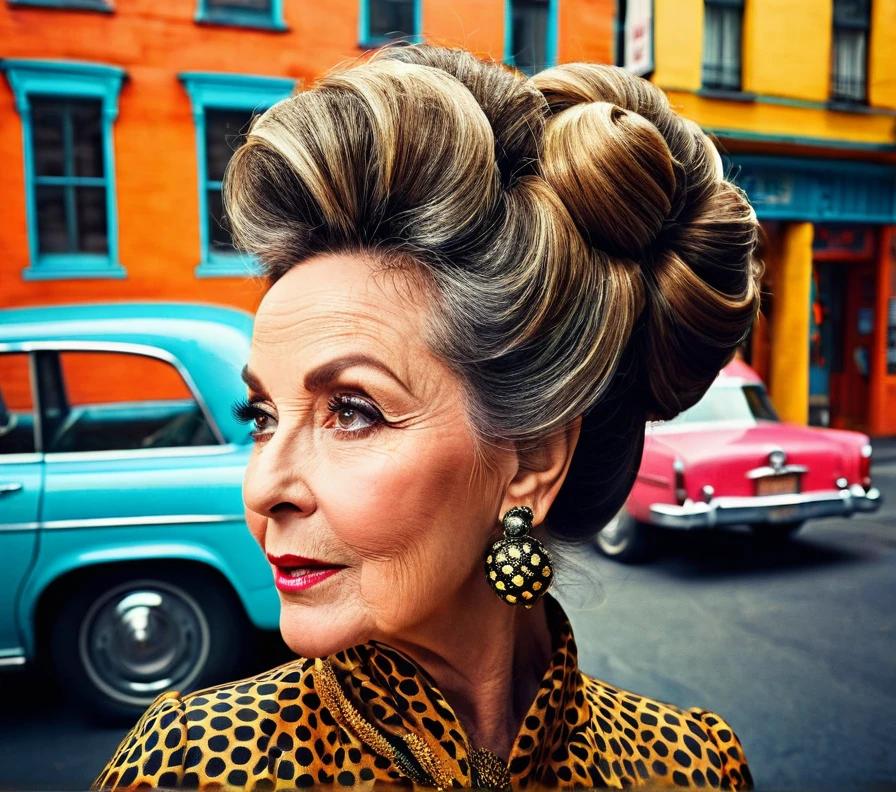 Retro-inspired beehive for women over 50, offering a voluminous and glamorous updo for thick hair.