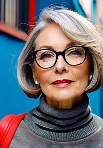 Rounded Bob Hairstyle for Women Over 50 with Glasses.