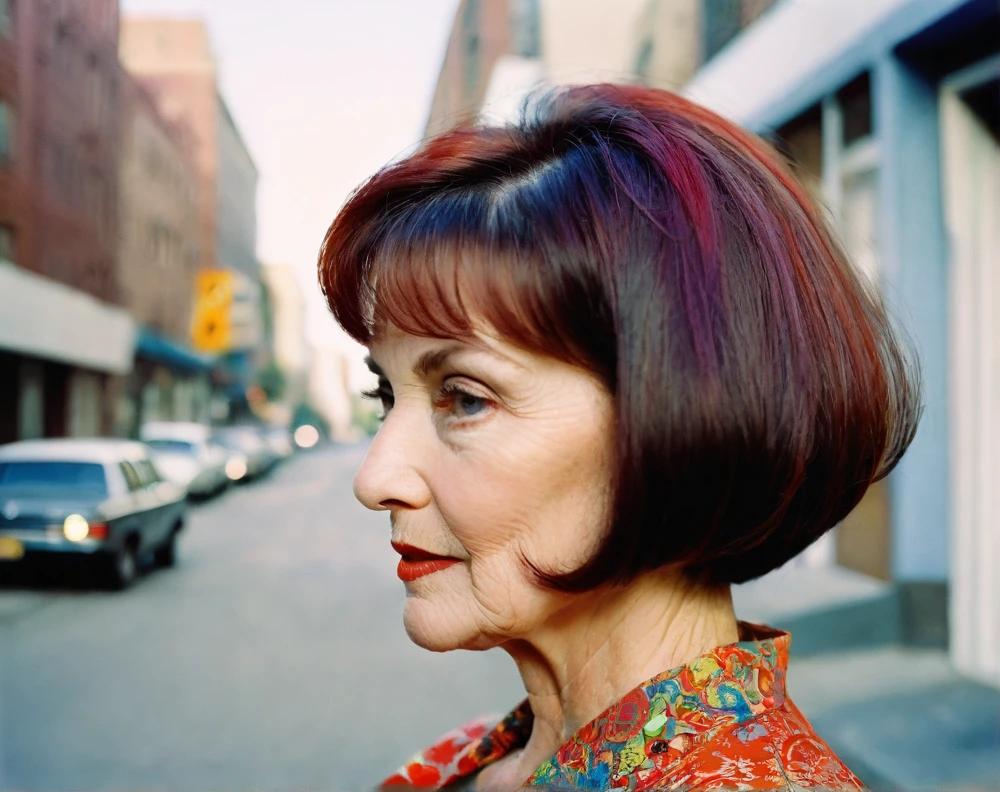 Rounded bob hairstyle on a woman over 60, creating a smooth, balanced appearance with soft edges.