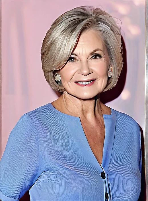 Rounded layered bob medium-length hairstyle for women over 60, with layers adding volume and a rounded shape.