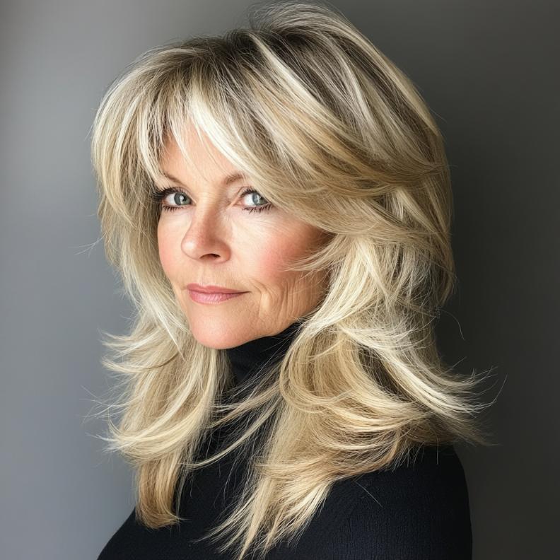 Shag hairstyle for women over 60 featuring highlighted layers, enhancing texture and depth with light-reflecting highlights