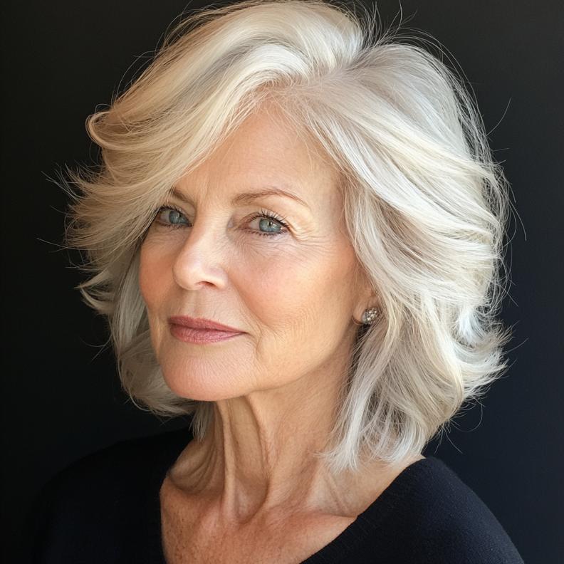 Shag hairstyle for women over 60 with a deep side part, creating volume and drama for a bold statement