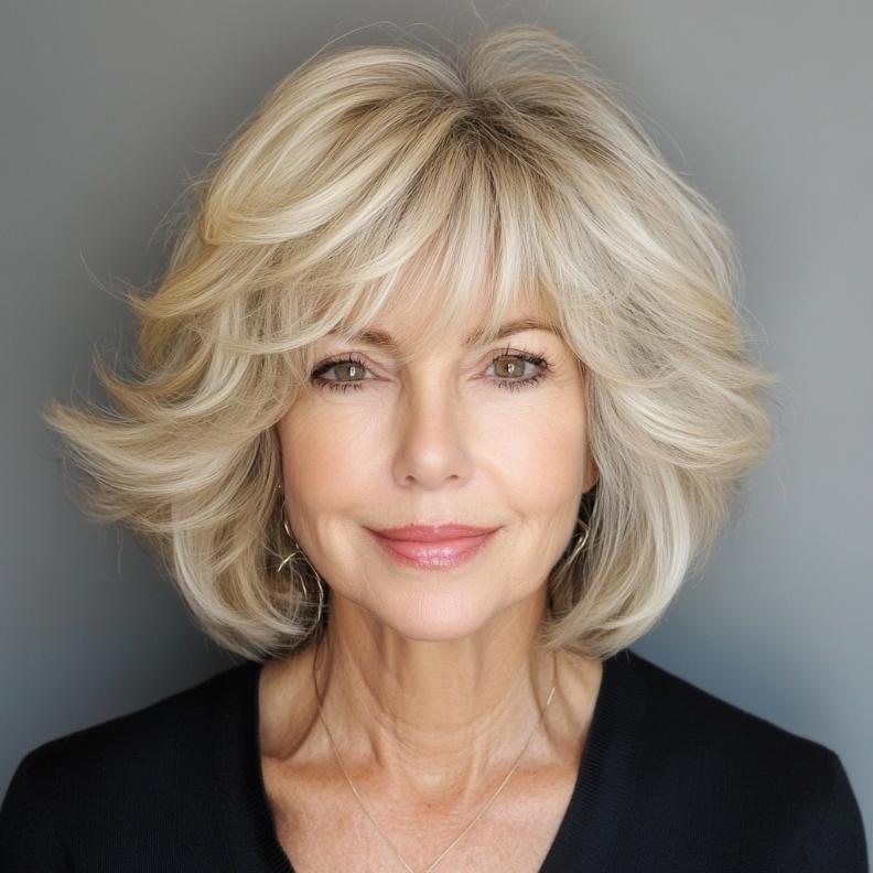 Shag hairstyle for women over 60 with a textured bob, combining the best of both worlds with shaggy layers and a bob cut.