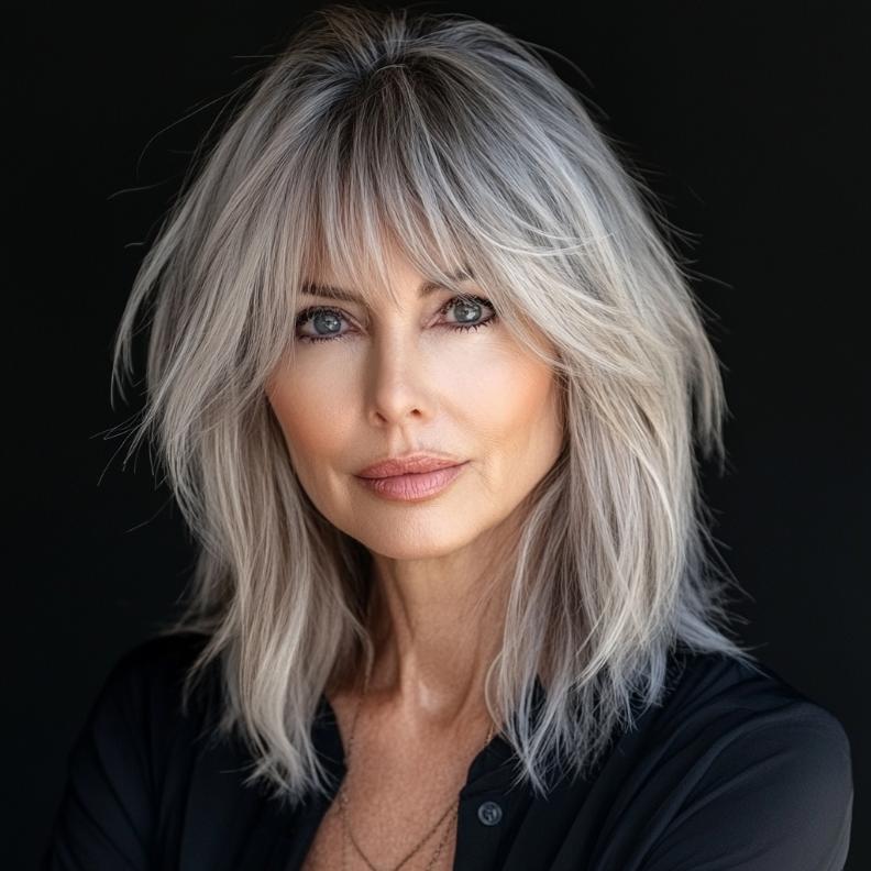 Shag hairstyle for women over 60 with blunt bangs, offering a striking contrast between soft layers and sharp lines.