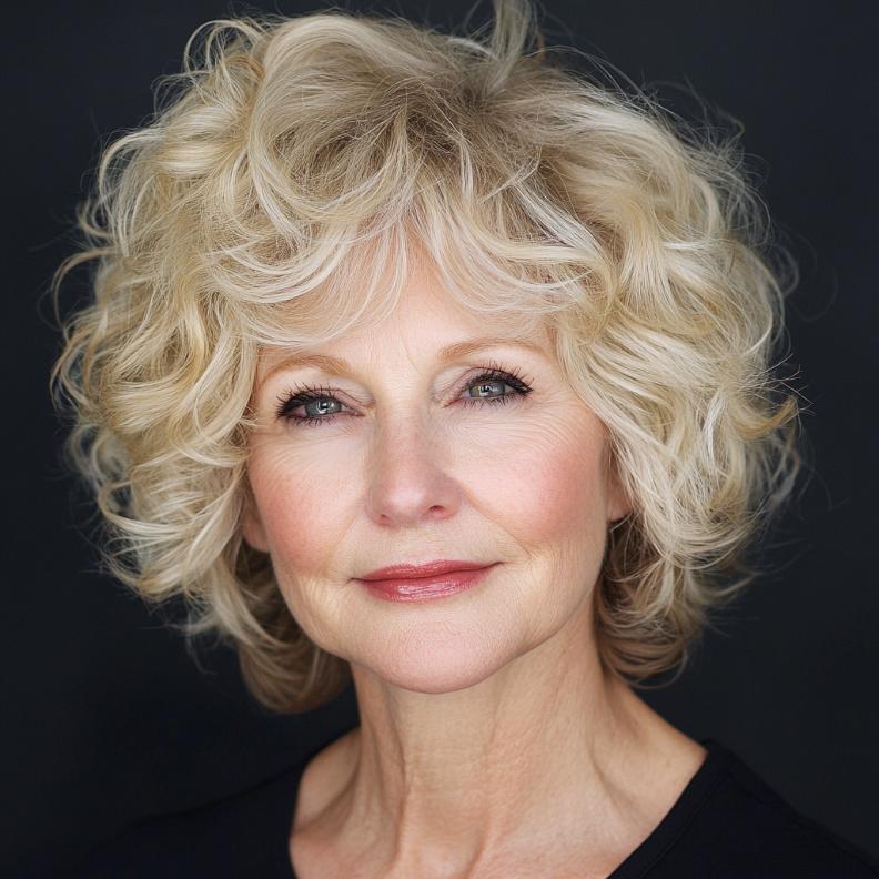 Shag hairstyle for women over 60 with bouncy curls, adding volume and a youthful bounce to the hair.