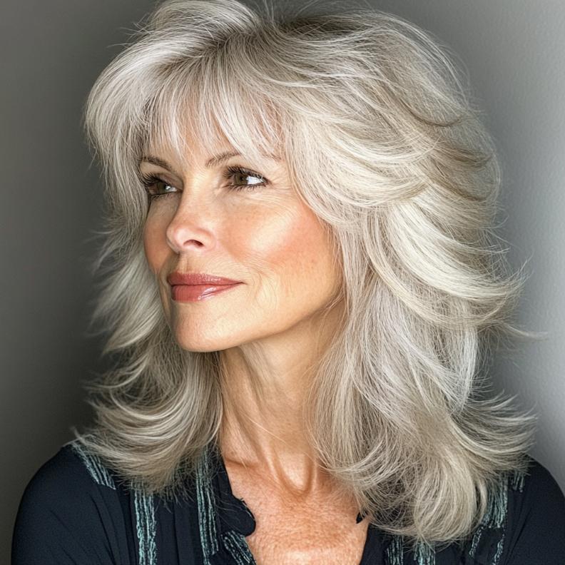 Shag hairstyle for women over 60 with curtain bangs, offering a retro yet youthful flair