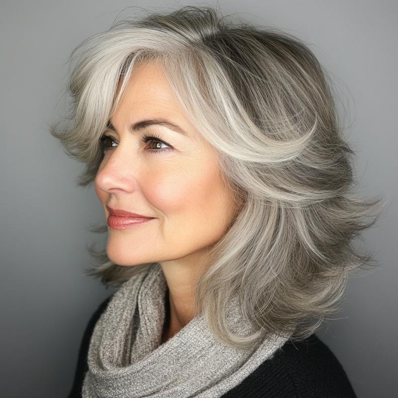 Shag hairstyle for women over 60 with flipped ends, adding a playful and dynamic touch to the style.