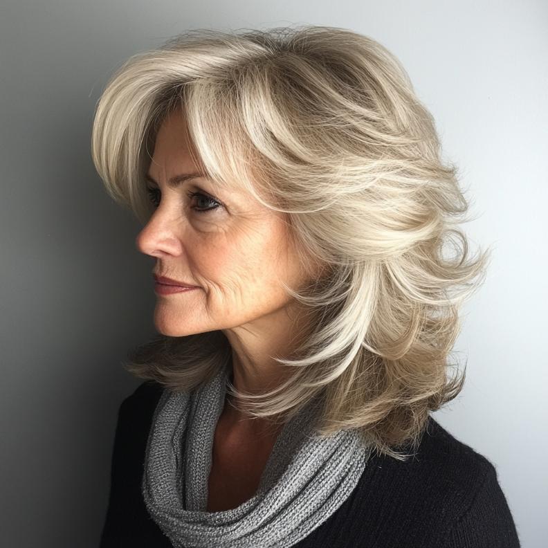 Shag hairstyle for women over 60 with graduated layers, creating a flowing and cascading effect.