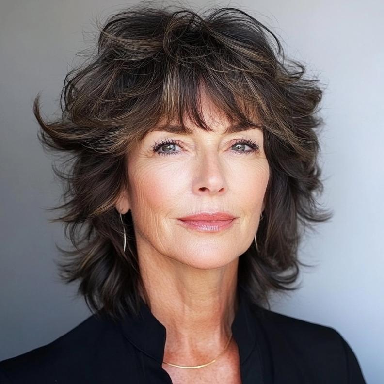 Shag hairstyle for women over 60 with piecey layers, providing texture and dimension for a well-defined look