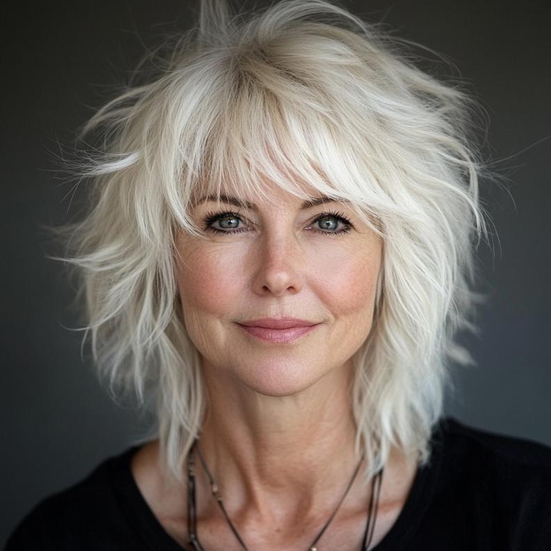 Shag hairstyle for women over 60 with razor-cut layers, giving an edgy and contemporary feel to the look.