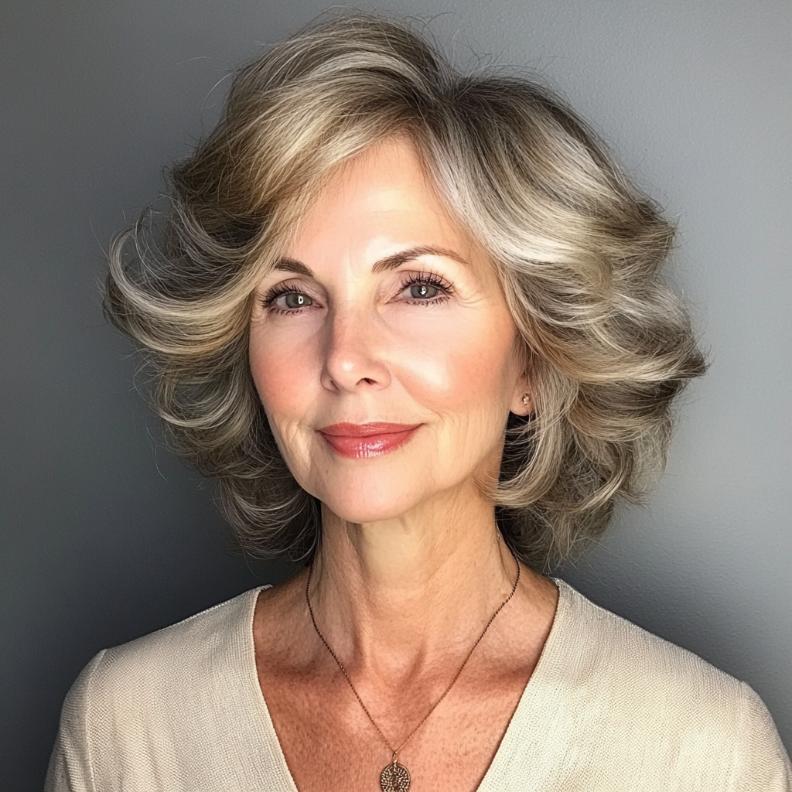 Shag hairstyle for women over 60 with soft curls, creating a feminine and youthful look with added movement