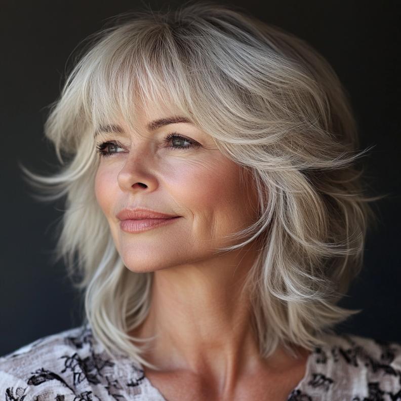 Shag hairstyle for women over 60 with soft feathering, offering a delicate and feminine touch to the style.