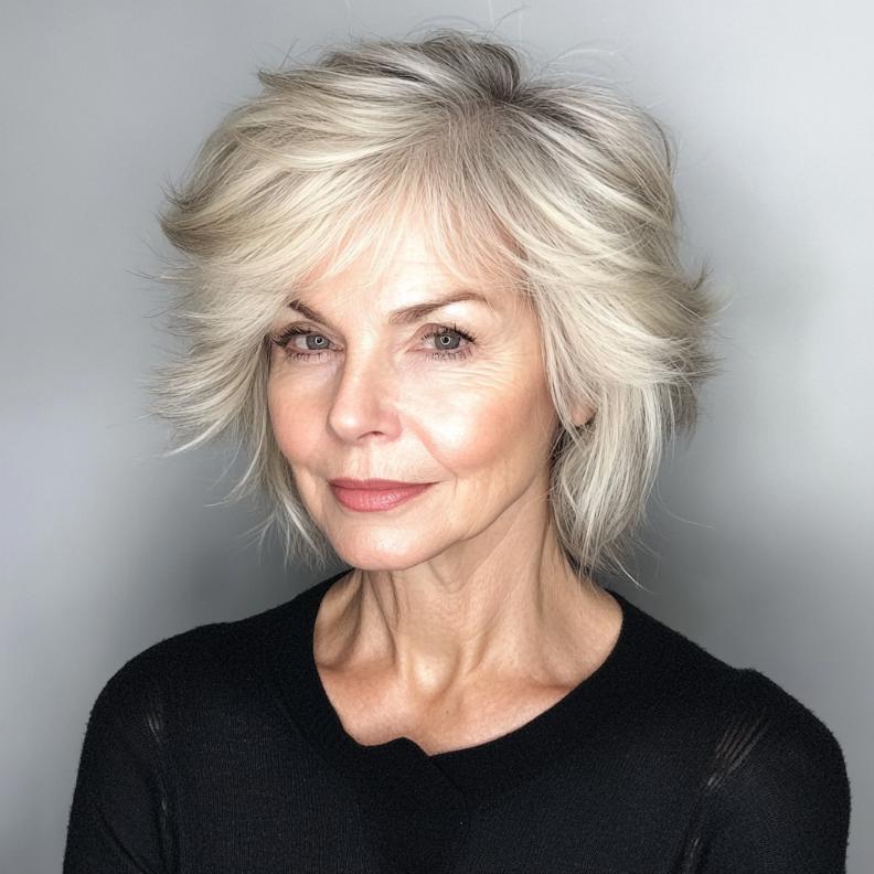 Shag hairstyle for women over 60 with soft, tapered layers, offering a subtle and sophisticated style.